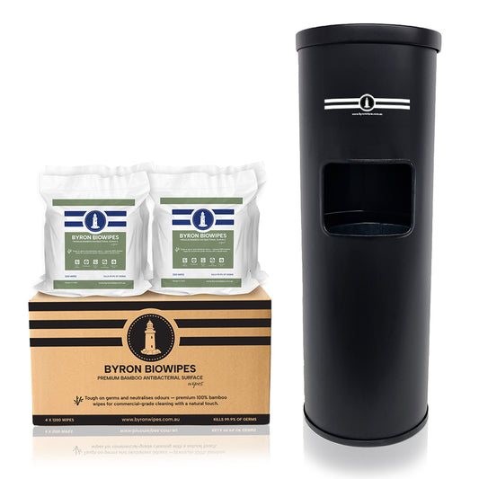 Byron Biodegradable Bamboo Wipes Carton and Free Standing Wipe Dispenser Bundle