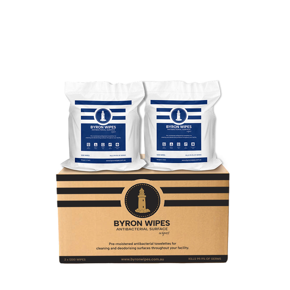 Two packages of Byron Wipes on a cardboard box with Byron Wipes branding.